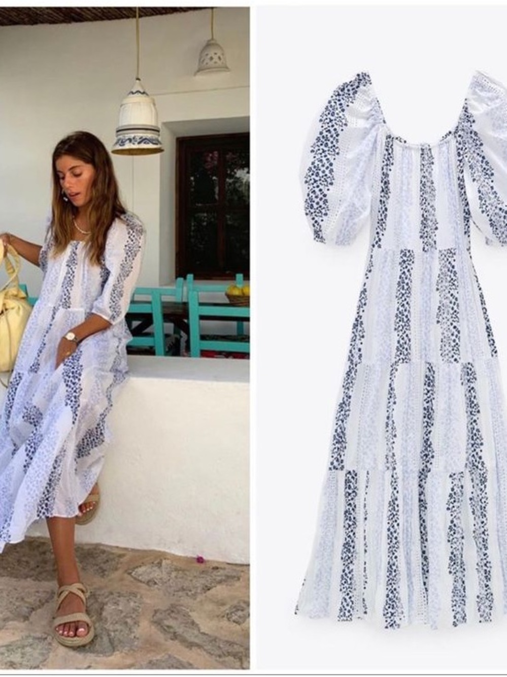 Zara White Maxi Dress with Navy Floral Stripes